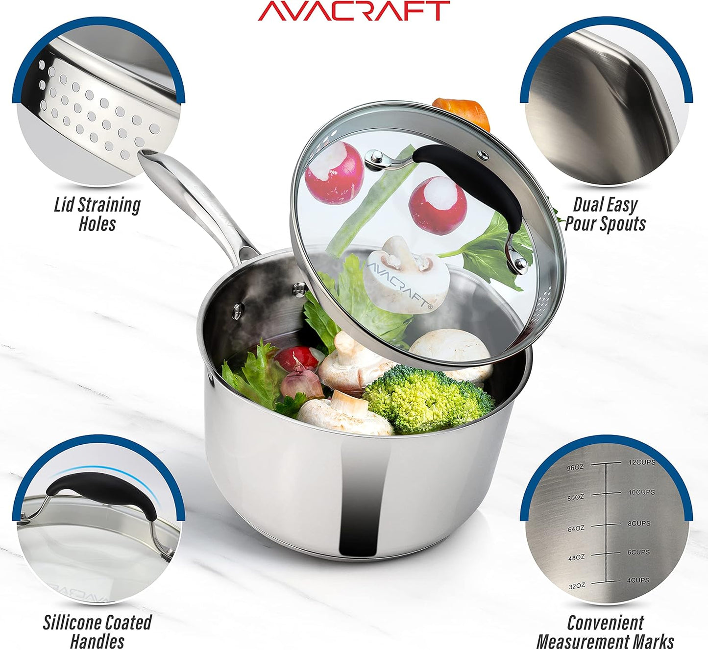 Stainless Steel Saucepan with Glass Lid, Strainer Lid, Two Side Spouts for Easy Pour with Ergonomic Handle, Multipurpose Sauce Pan with Lid, Sauce Pot (Tri-Ply Capsule Bottom, 3.5 Quart)