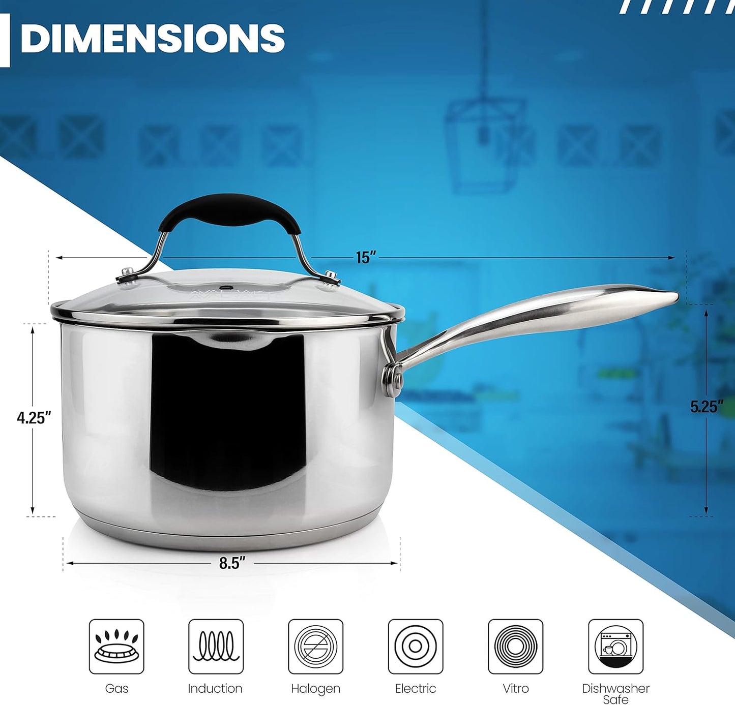 Stainless Steel Saucepan with Glass Lid, Strainer Lid, Two Side Spouts for Easy Pour with Ergonomic Handle, Multipurpose Sauce Pan with Lid, Sauce Pot (Tri-Ply Capsule Bottom, 3.5 Quart)