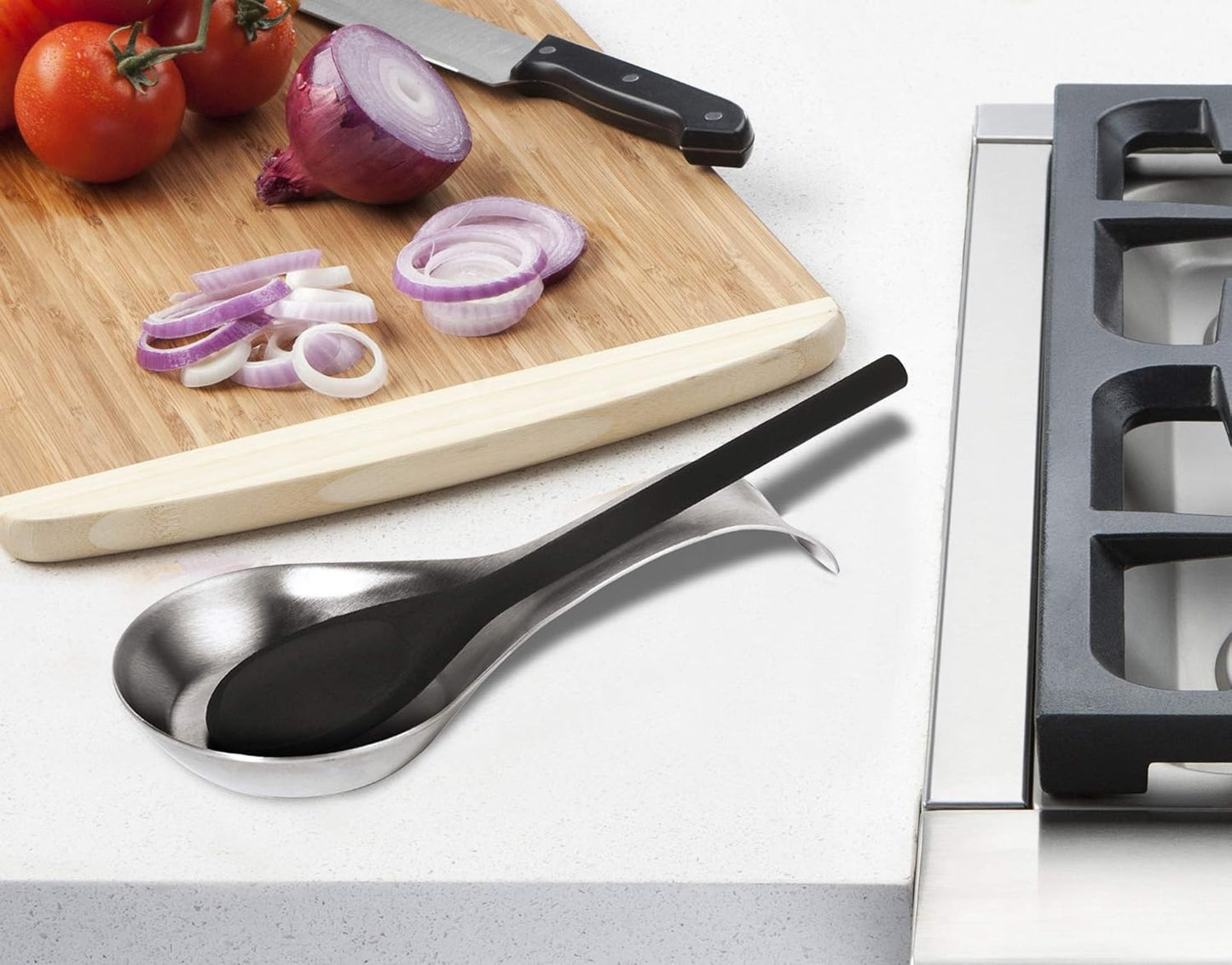 Stainless Steel Spoon Rest- Long Handle Holds Kitchen Utensils in Place, Great Spoon Rest for Kitchen Counter, Stove Top, or Coffee Station; Kitchen Accessories, Utensil Rest, Stainless