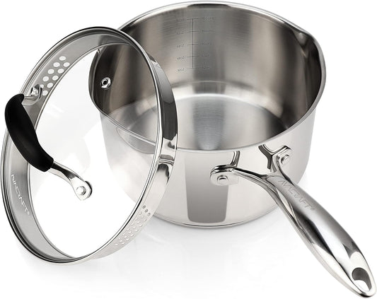 Stainless Steel Saucepan with Glass Lid, Strainer Lid, Two Side Spouts for Easy Pour with Ergonomic Handle, Multipurpose Sauce Pan with Lid, Sauce Pot (Tri-Ply Capsule Bottom, 3.5 Quart)