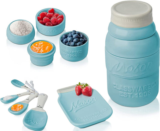 Vintage Mason Jar Ceramic Kitchenware Set by  - Multi-Piece Kitchen Ceramic Decor Set W/ 4 Measuring Cups, 4 Measuring Spoons and Spoon Rest - Attractive Vintage Style, in Aqua Blue/Teal
