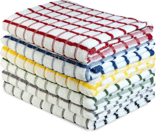 Multi Color Terry Kitchen Towels - Set of 6, 100% Cotton, Ultra Soft, 20X30 Inches, Highly Absorbent, Oversized with Hanging Loop