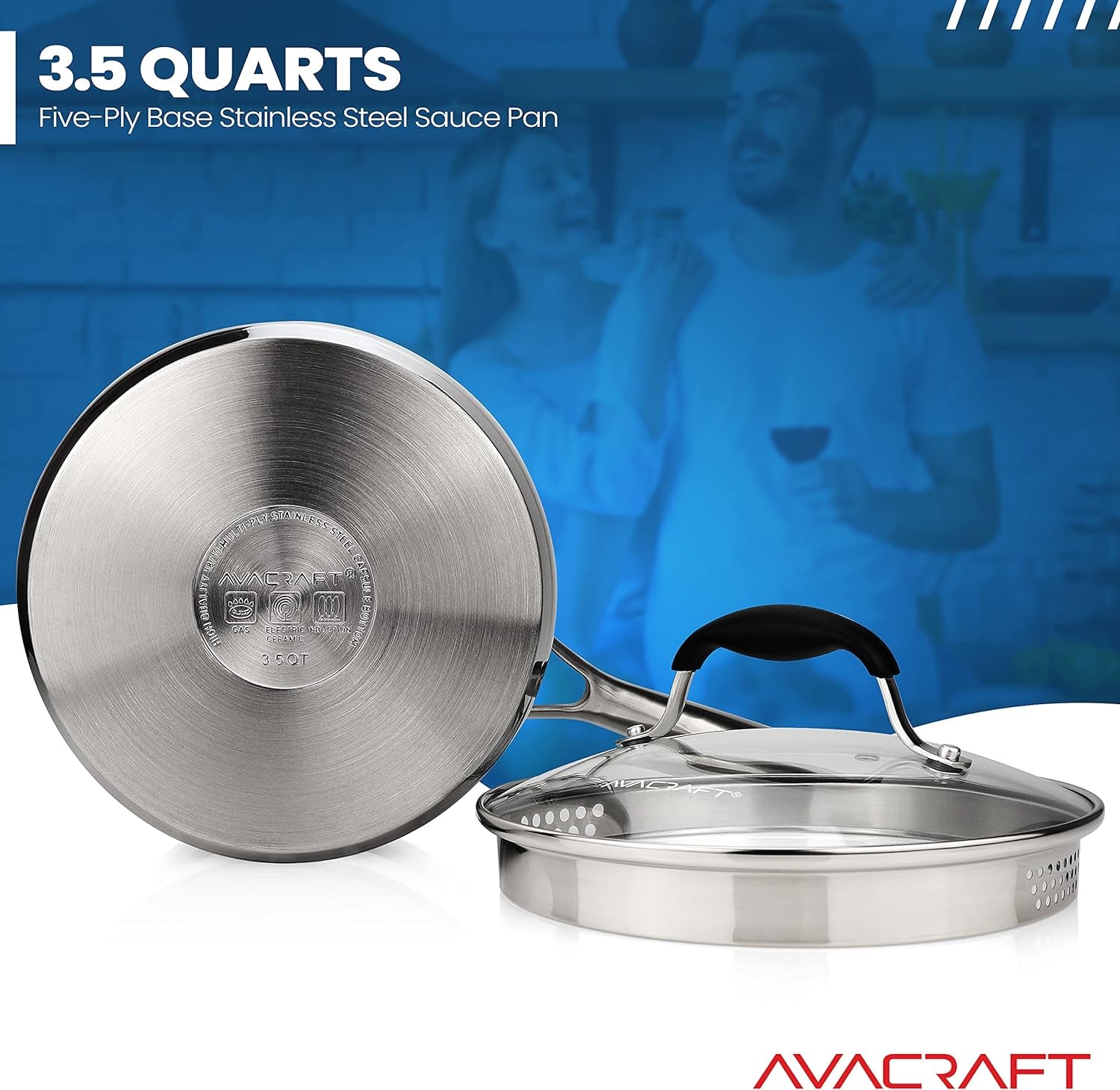 Stainless Steel Saucepan with Glass Lid, Strainer Lid, Two Side Spouts for Easy Pour with Ergonomic Handle, Multipurpose Sauce Pan with Lid, Sauce Pot (Tri-Ply Capsule Bottom, 3.5 Quart)