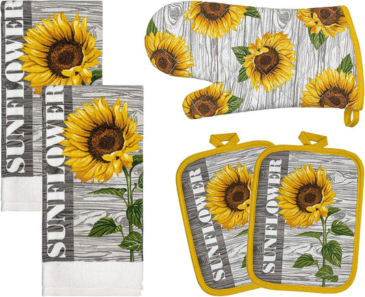 Kitchen Designers Soft and Absorbent Cotton Towels with Pot Holders and Oven Mitt Linen Set, 5 Piece, Sunflower Country