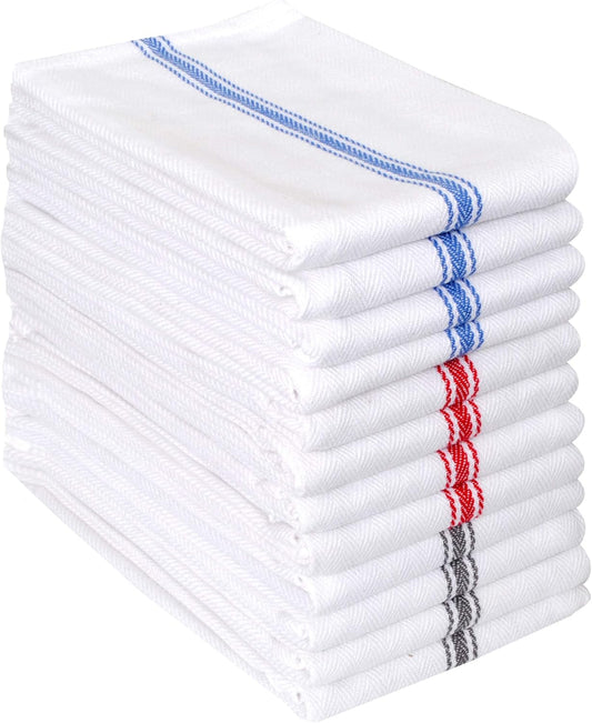 Cotton Herringbone White Dish Towels Set of 12 - Highly Absorbent, Super Soft Tea Towel with Hanging Loops - Extra Large Quick Dry Bar Towel (16X28 Inch - Multicolor)